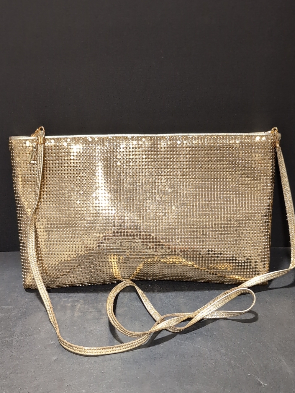 Whiting And Davis Gold Metallic Mesh Evening Bag.